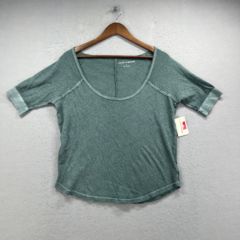 Lucky Brand T Shirt Womens Large Green Short Sleeve Scoop Neck Cotton Tee NEW